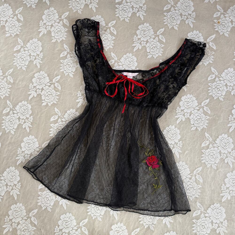 Vintage Y2K Victoria’s Secret Black Lace Rose Babydoll Size M
